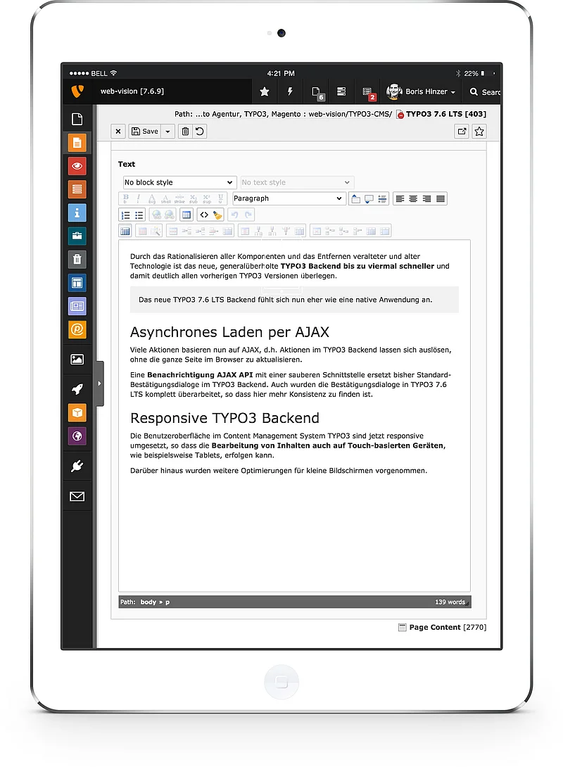 TYPO3 7.6 LTS backend on the tablet TYPO3 7.6 LTS backend on the tablet