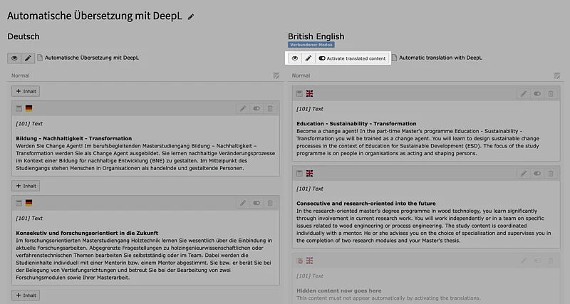 TYPO3 Extension DeepL Translate Screenshot: Activate Translated Content TYPO3 Extension DeepL Translate Screenshot: Activate Translated Content
