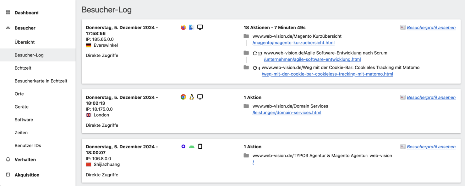 Matomo Besucher-Log mit anonymisierten IP-Adressen