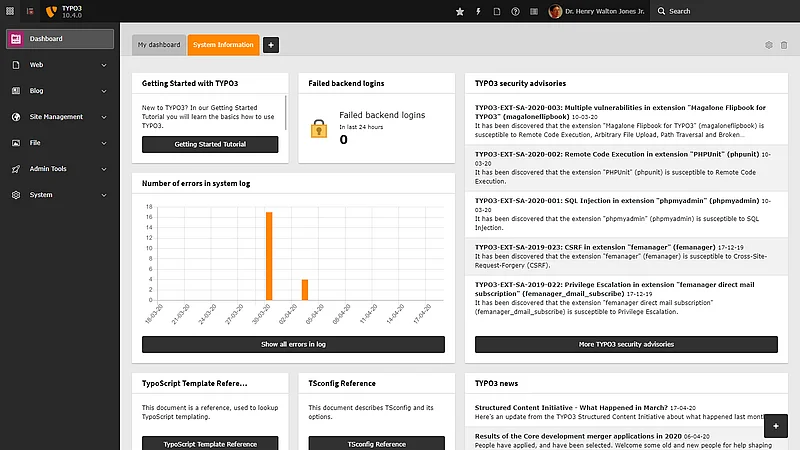 TYPO3 Dashboard: System Information TYPO3 Dashboard: System Information