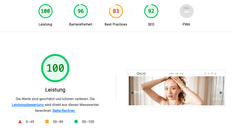 Google Pagespeed 100/100 on Desktop: Klyd Magento Shop