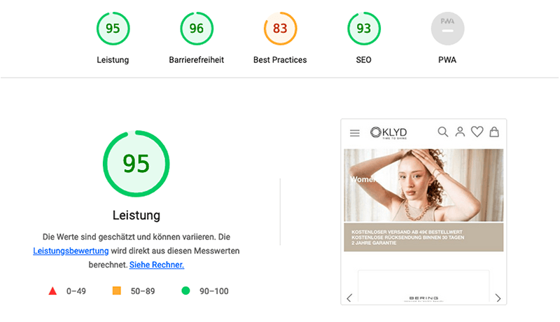 Google Pagespeed 95/100 on Mobile: Klyd Magento Shop