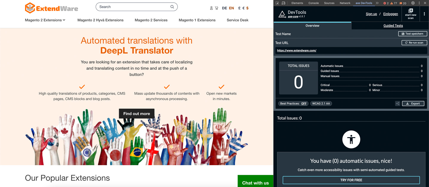Extendware.com - Barrierefreiheit Prüfung mit AXE-Tool ohne Fehler und Hinweise